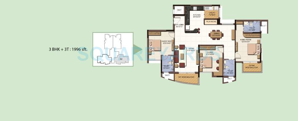 Floor plan of 3 BHK 1996 Sq. Ft. Apartment in Salarpuria Sattva Clarinet, Bangalore