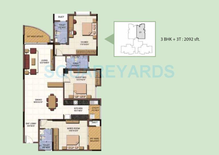Floor plan of 3 BHK 2092 Sq. Ft. Apartment in Salarpuria Sattva Clarinet, Bangalore
