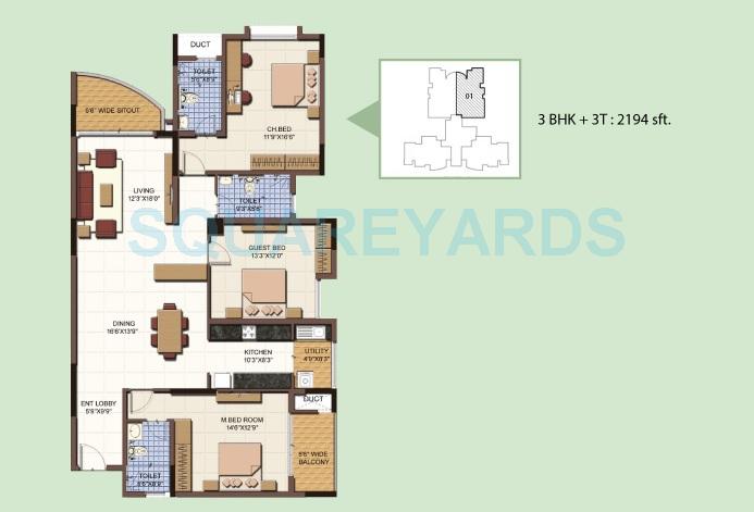 Floor plan of 3 BHK 2194 Sq. Ft. Apartment in Salarpuria Sattva Clarinet, Bangalore