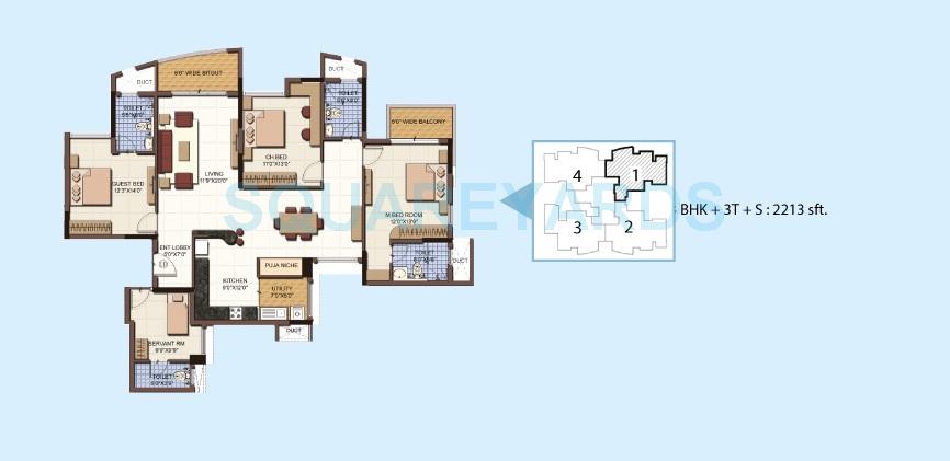 Floor plan of 3 BHK 2213 Sq. Ft. Apartment in Salarpuria Sattva Clarinet, Bangalore