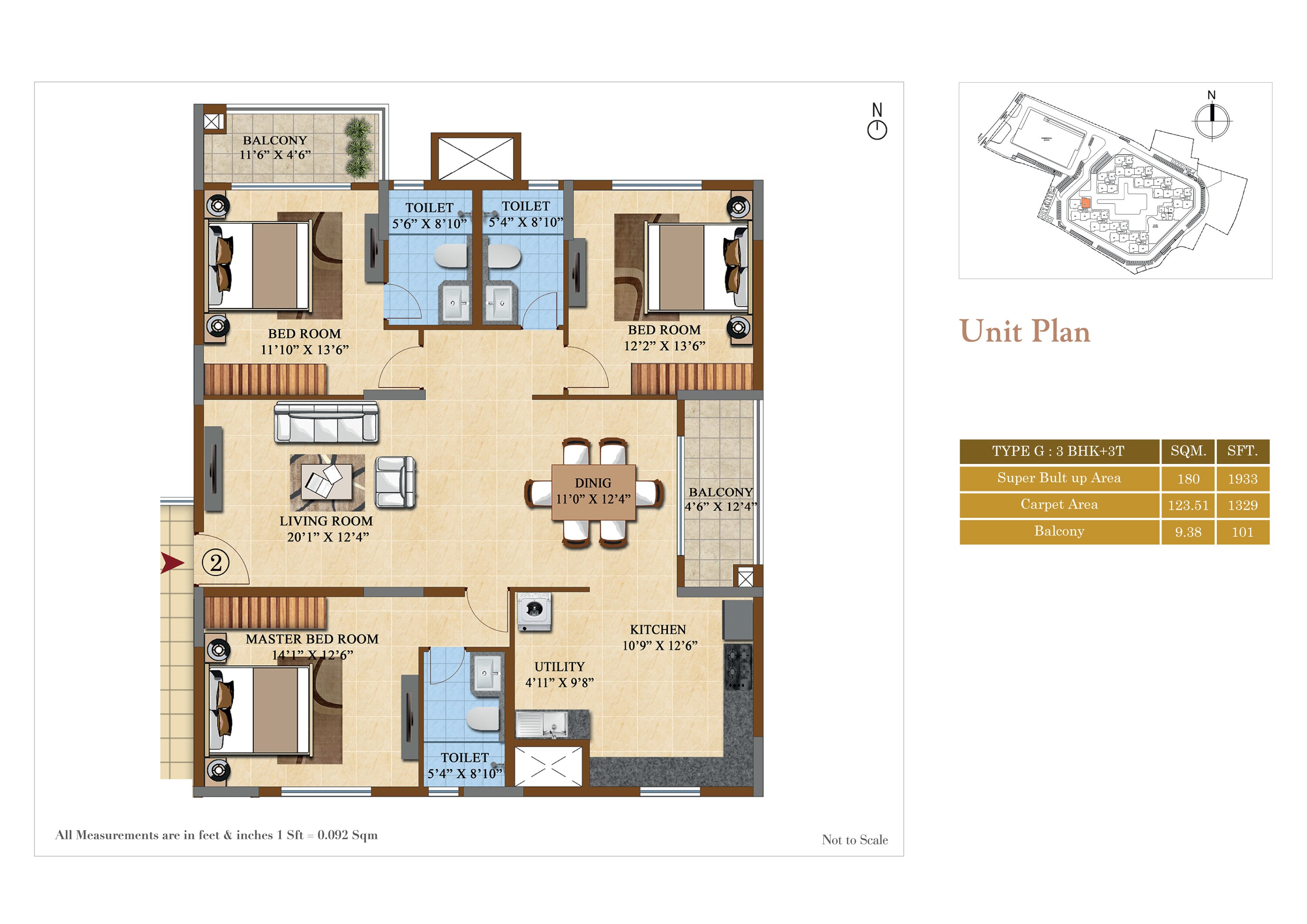 Floor plan of 3 BHK 1933 Sq. Ft. Apartment in Salarpuria Sattva Divinity, Bangalore