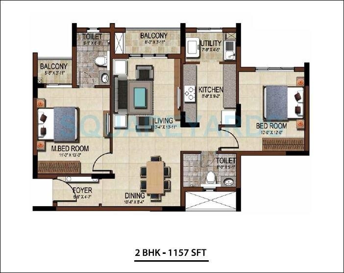 Floor plan of 2 BHK 1157 Sq. Ft. Apartment in Salarpuria Sattva East Crest, Bangalore