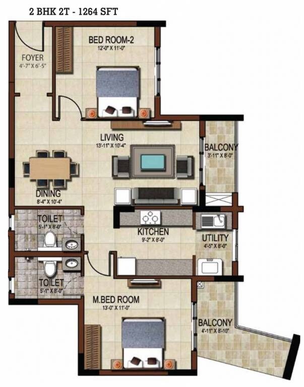 Floor plan of 2 BHK 1264 Sq. Ft. Apartment in Salarpuria Sattva East Crest, Bangalore