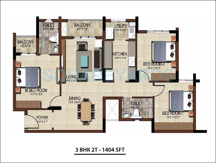 Floor plan of 3 BHK 1404 Sq. Ft. Apartment in Salarpuria Sattva East Crest, Bangalore