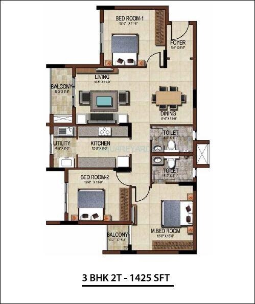 Floor plan of 3 BHK 1425 Sq. Ft. Apartment in Salarpuria Sattva East Crest, Bangalore