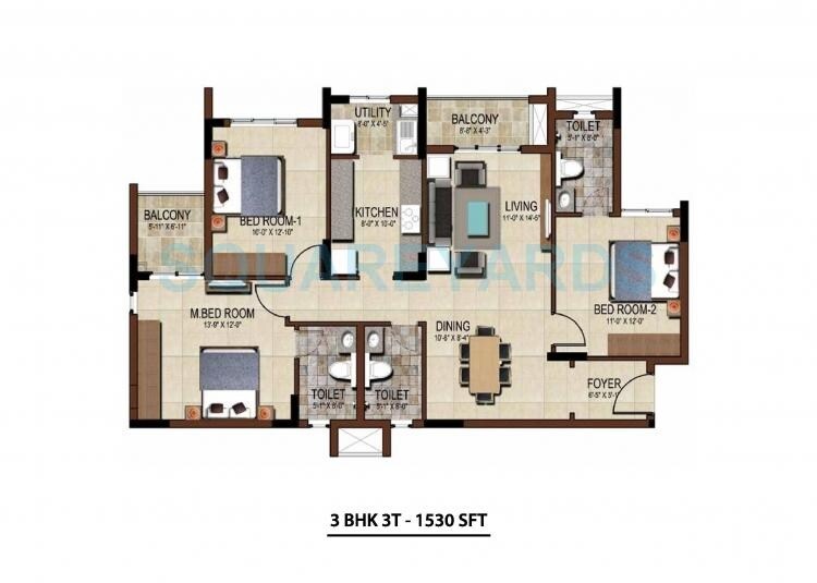 Floor plan of 3 BHK 1530 Sq. Ft. Apartment in Salarpuria Sattva East Crest, Bangalore