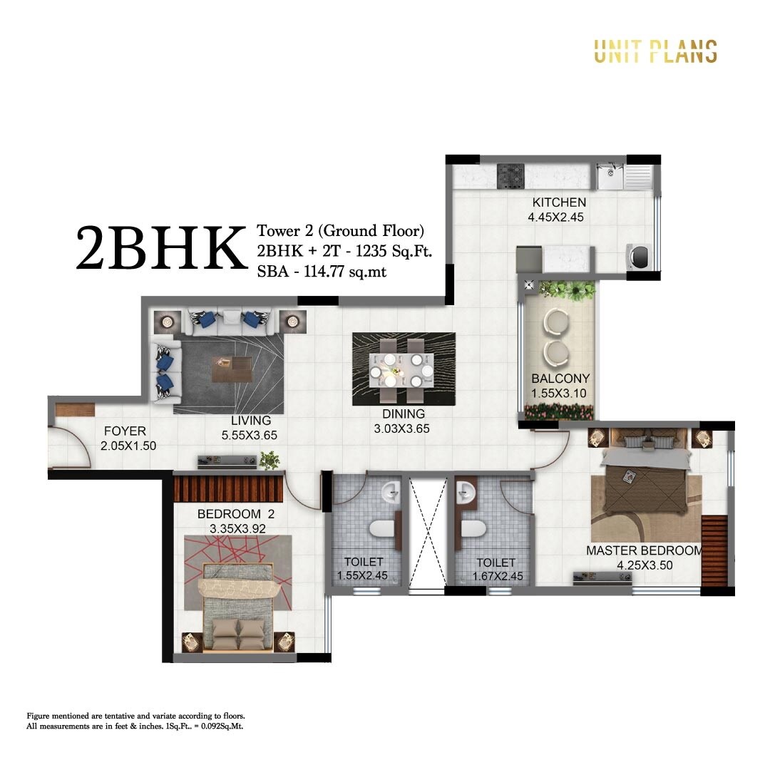 Floor plan of 2 BHK 1235 Sq. Ft. Apartment in Salarpuria Sattva Exotic, Bangalore