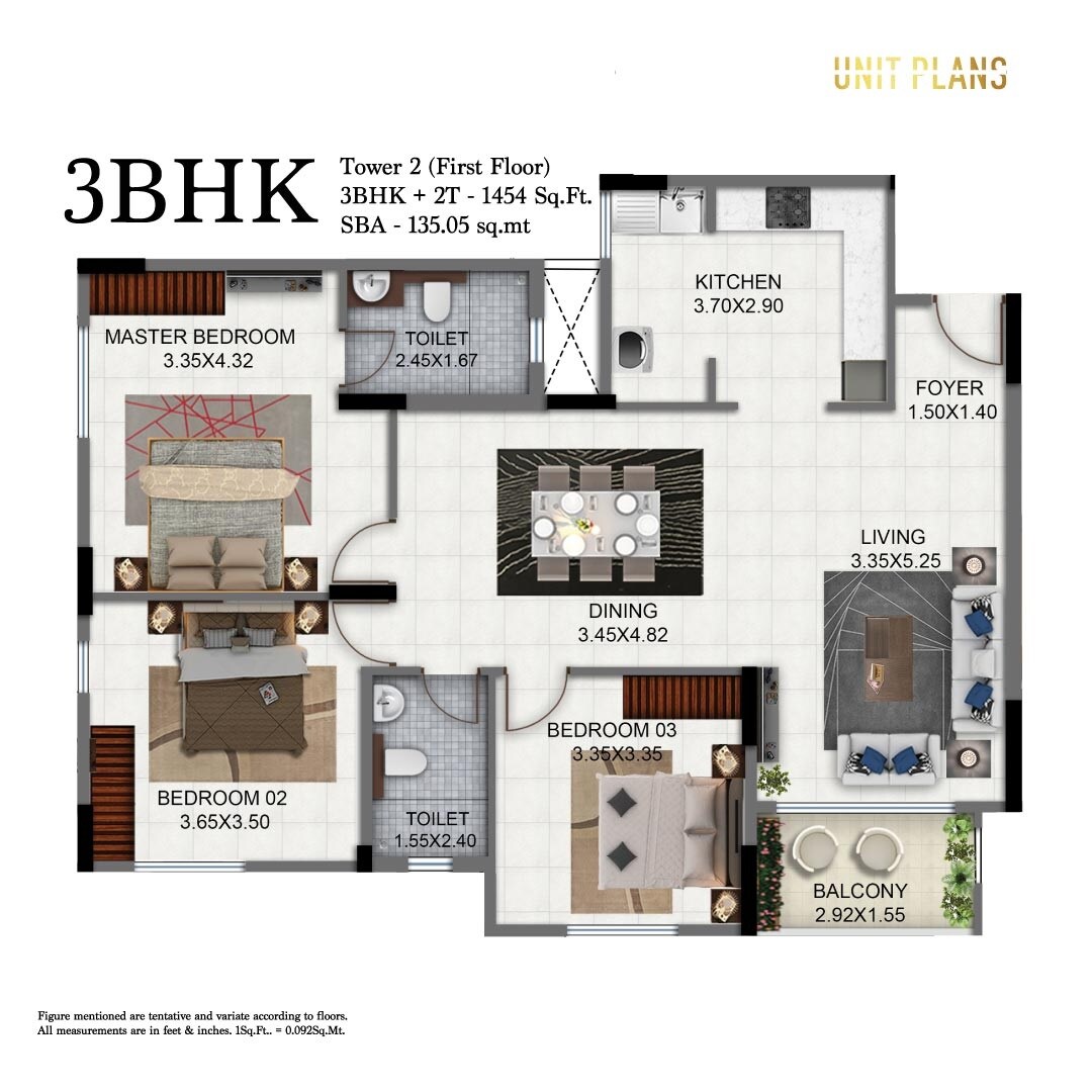 Floor plan of 3 BHK 1454 Sq. Ft. Apartment in Salarpuria Sattva Exotic, Bangalore