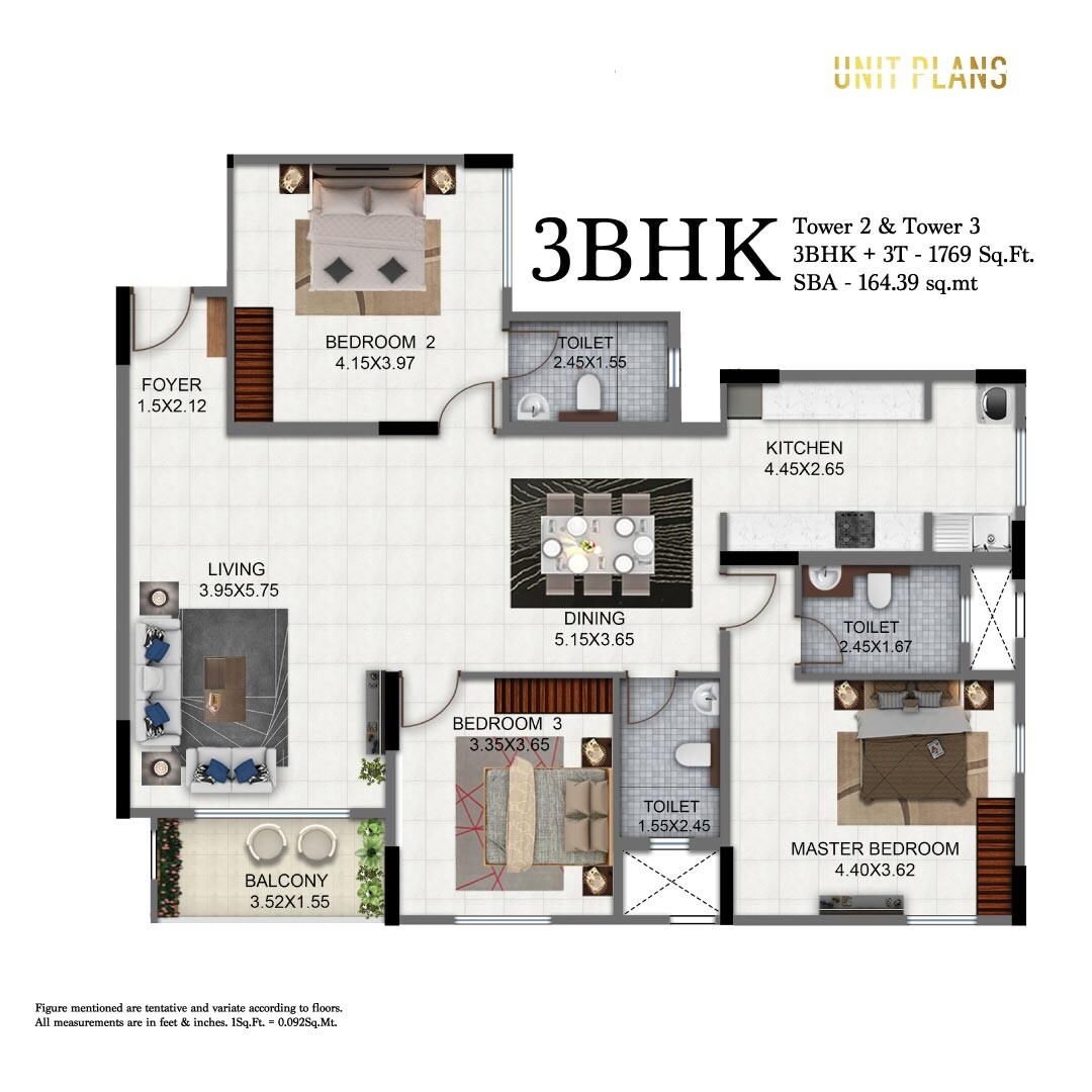 Floor plan of 3 BHK 1769 Sq. Ft. Apartment in Salarpuria Sattva Exotic, Bangalore
