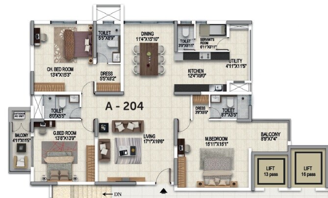 Floor plan of 3 BHK 2186 Sq. Ft. Apartment in Salarpuria Sattva Magnificia, Bangalore
