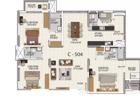 Floor plan of 3 BHK 2425 Sq. Ft. Apartment in Salarpuria Sattva Magnificia, Bangalore