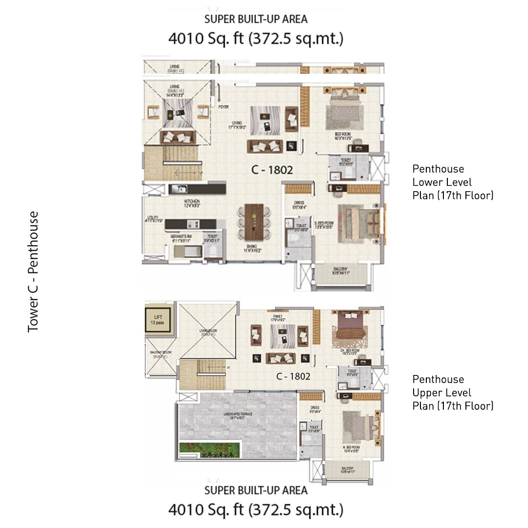 Floor plan of 4 BHK 4010 Sq. Ft. Penthouse in Salarpuria Sattva Magnificia, Bangalore