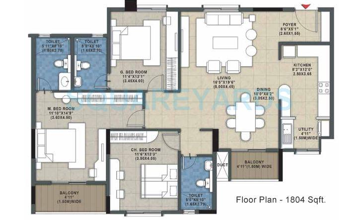 Floor plan of 3 BHK 1804 Sq. Ft. Apartment in Salarpuria Sattva Melody, Bangalore