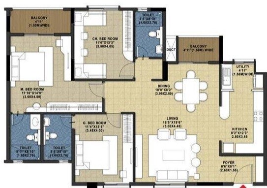 Floor plan of 3 BHK 1512 Sq. Ft. Apartment in Salarpuria Sattva Melody, Bangalore