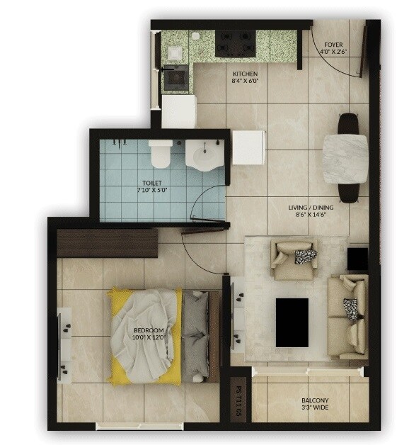 Floor plan of 3 BHK 551 Sq. Ft. Apartment in Salarpuria Sattva Misty Charm, Bangalore