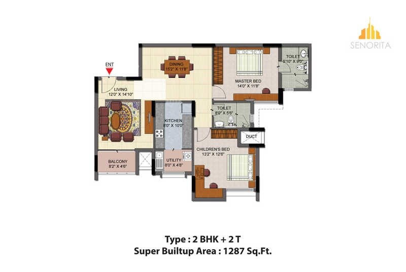 Floor plan of 2 BHK 1287 Sq. Ft. Apartment in Salarpuria Sattva Senorita, Bangalore