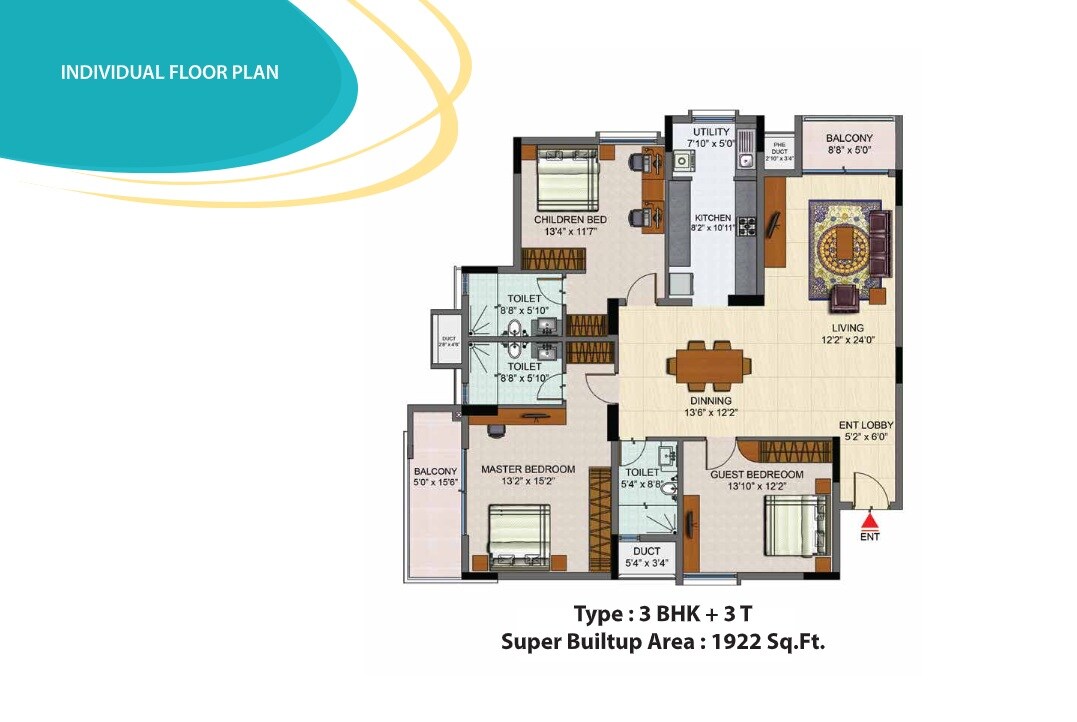 Floor plan of 3 BHK 1922 Sq. Ft. Apartment in Salarpuria Sattva Senorita, Bangalore