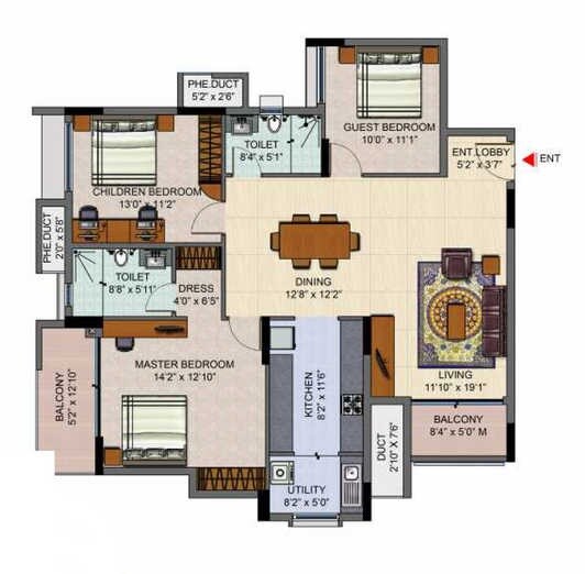 Floor plan of 3 BHK 1929 Sq. Ft. Apartment in Salarpuria Sattva Senorita, Bangalore