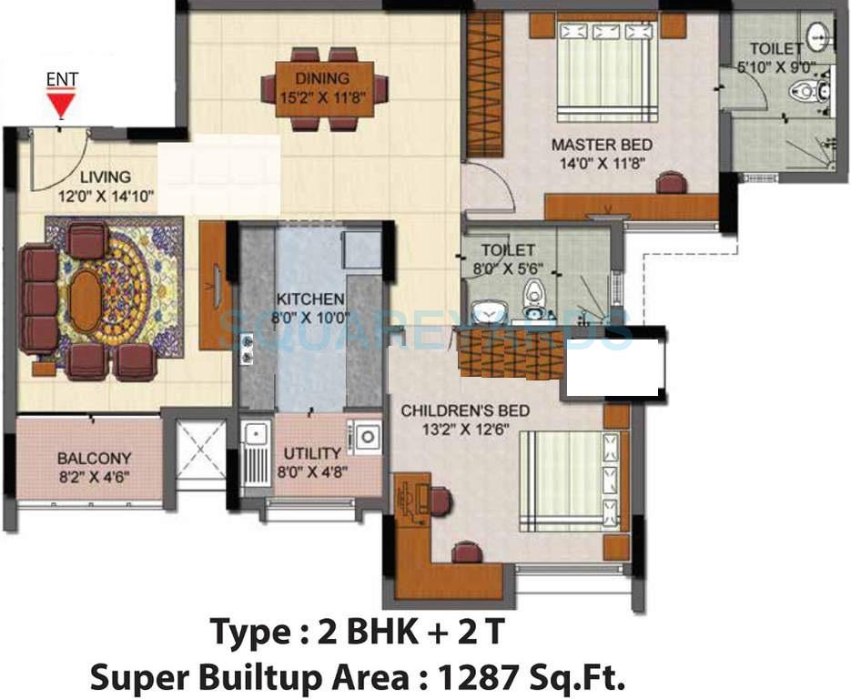 Floor plan of 2 BHK 1287 Sq. Ft. Apartment in Salarpuria Senorita, Bangalore
