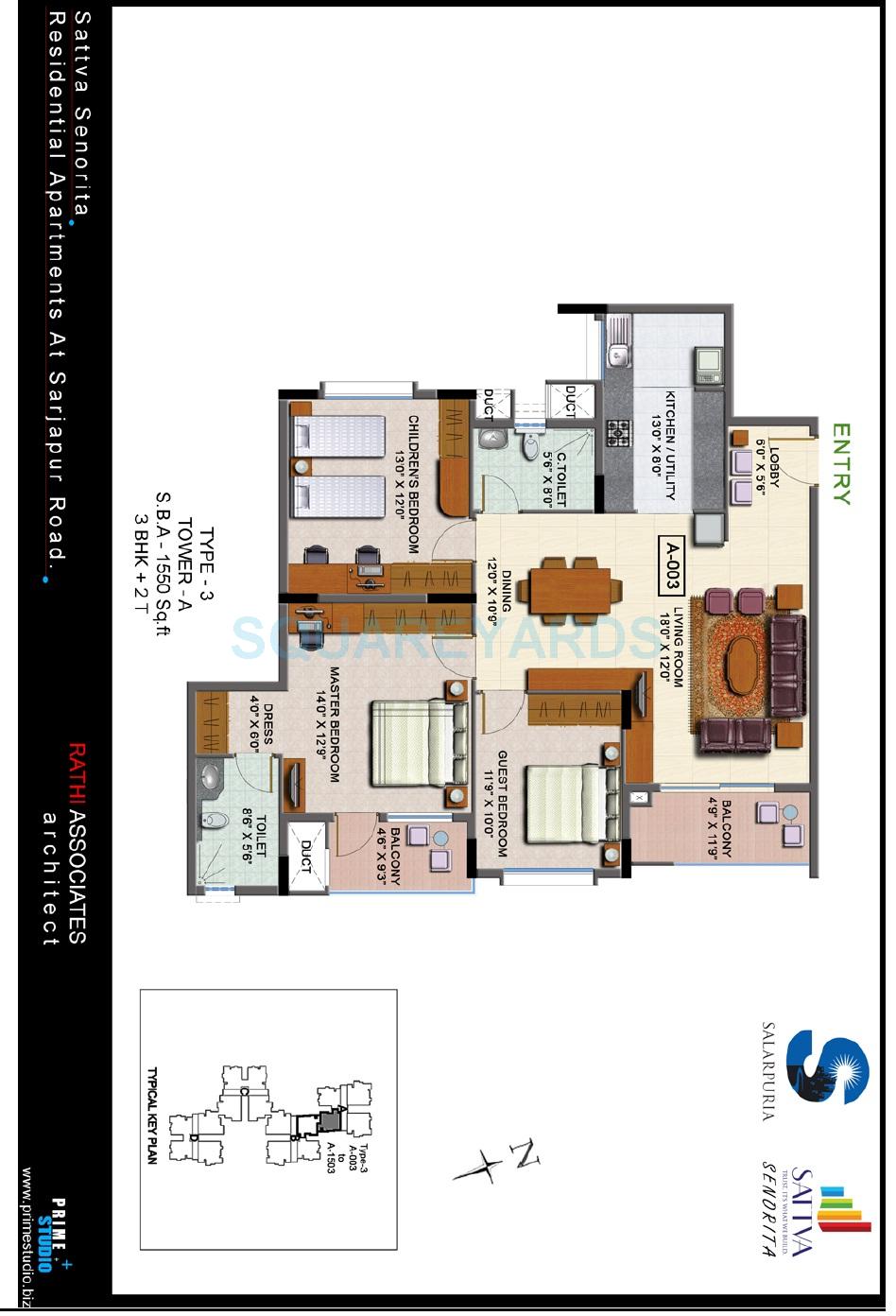 Floor plan of 3 BHK 1550 Sq. Ft. Apartment in Salarpuria Senorita, Bangalore