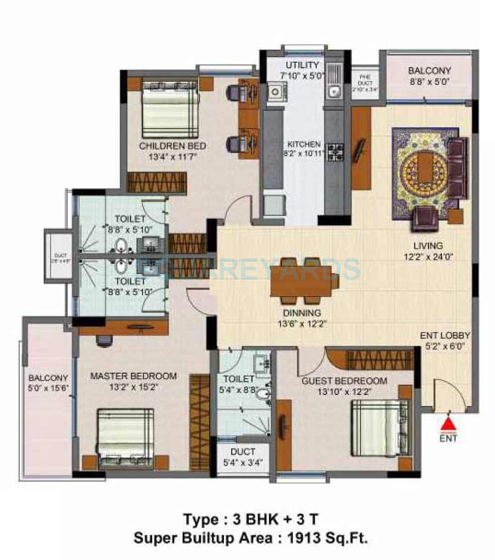 Floor plan of 3 BHK 1913 Sq. Ft. Apartment in Salarpuria Senorita, Bangalore