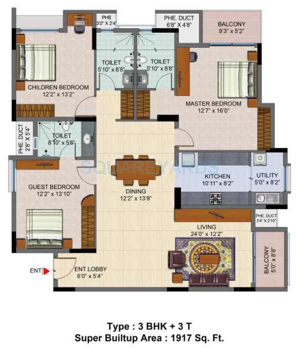 Floor plan of 3 BHK 1917 Sq. Ft. Apartment in Salarpuria Senorita, Bangalore