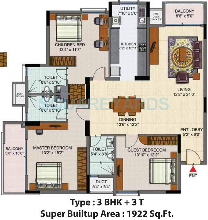 Floor plan of 3 BHK 1922 Sq. Ft. Apartment in Salarpuria Senorita, Bangalore