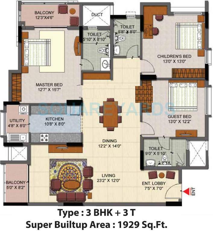 Floor plan of 3 BHK 1929 Sq. Ft. Apartment in Salarpuria Senorita, Bangalore