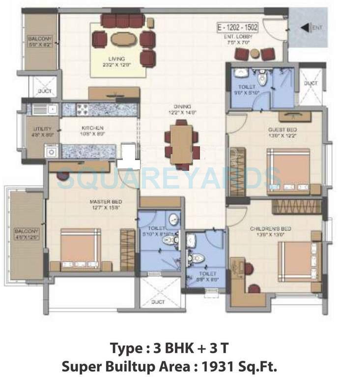 Floor plan of 3 BHK 1931 Sq. Ft. Apartment in Salarpuria Senorita, Bangalore