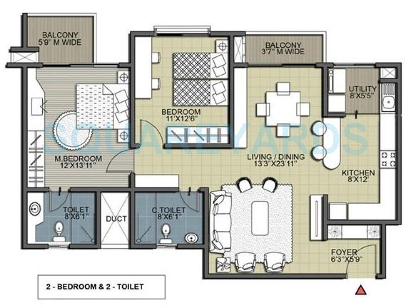 Floor plan of 2 BHK 1813 Sq. Ft. Apartment in Salarpuria Silverwood Apartments, Bangalore