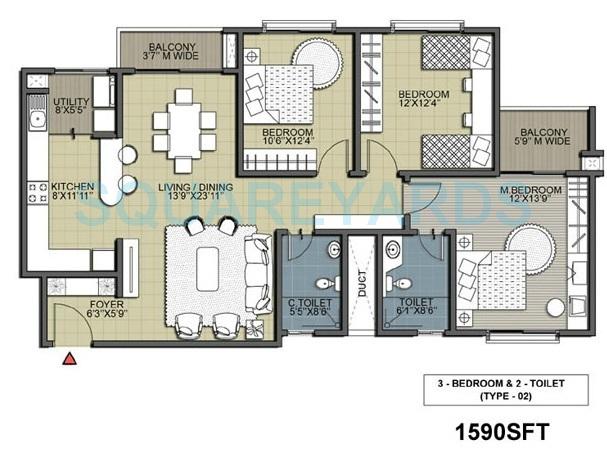 Floor plan of 3 BHK 1590 Sq. Ft. Apartment in Salarpuria Silverwood Apartments, Bangalore