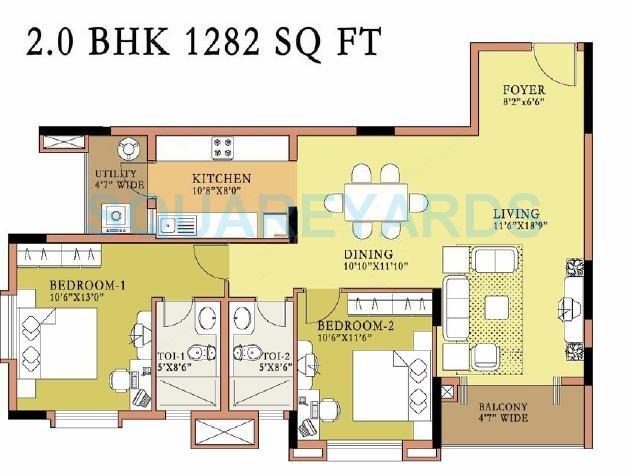 Floor plan of 2 BHK 1282 Sq. Ft. Apartment in Salarpuria Symphony, Bangalore