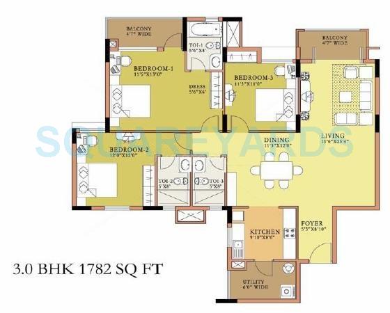 Floor plan of 3 BHK 1782 Sq. Ft. Apartment in Salarpuria Symphony, Bangalore