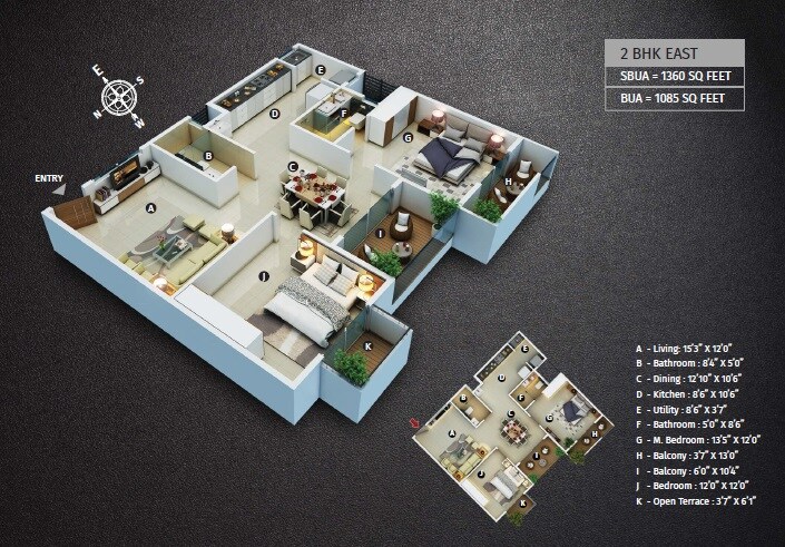Floor plan of 2 BHK 1360 Sq. Ft. Apartment in Salvina Shirin, Bangalore