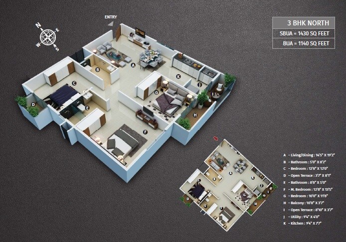 Floor plan of 3 BHK 1430 Sq. Ft. Apartment in Salvina Shirin, Bangalore