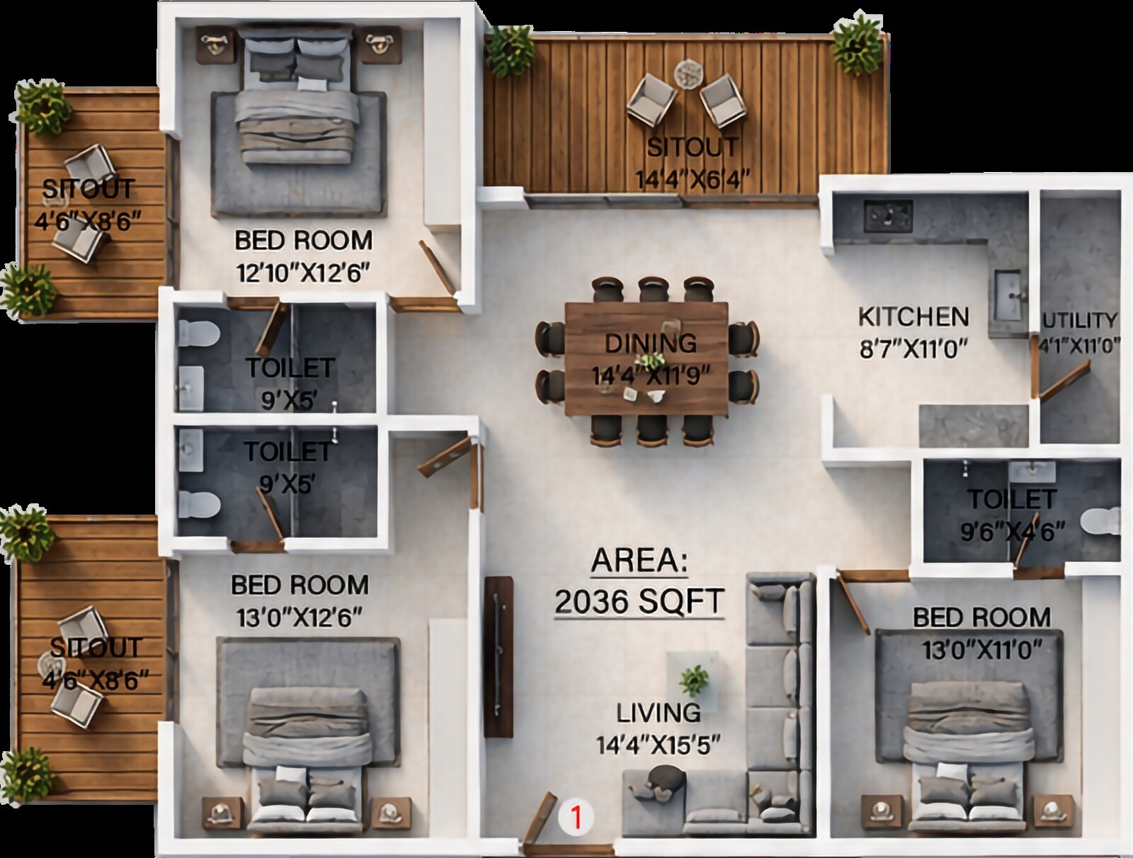 Floor plan of 3 BHK 2036 Sq. Ft. Apartment in Samanvitha Siena Terra, Bangalore