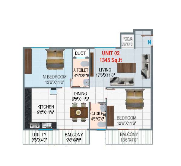 Floor plan of 2 BHK 1345 Sq. Ft. Apartment in Samaya Sunshine, Bangalore