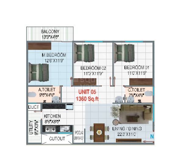Floor plan of 3 BHK 1360 Sq. Ft. Apartment in Samaya Sunshine, Bangalore