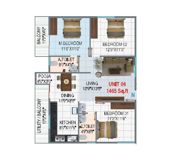 Floor plan of 3 BHK 1465 Sq. Ft. Apartment in Samaya Sunshine, Bangalore