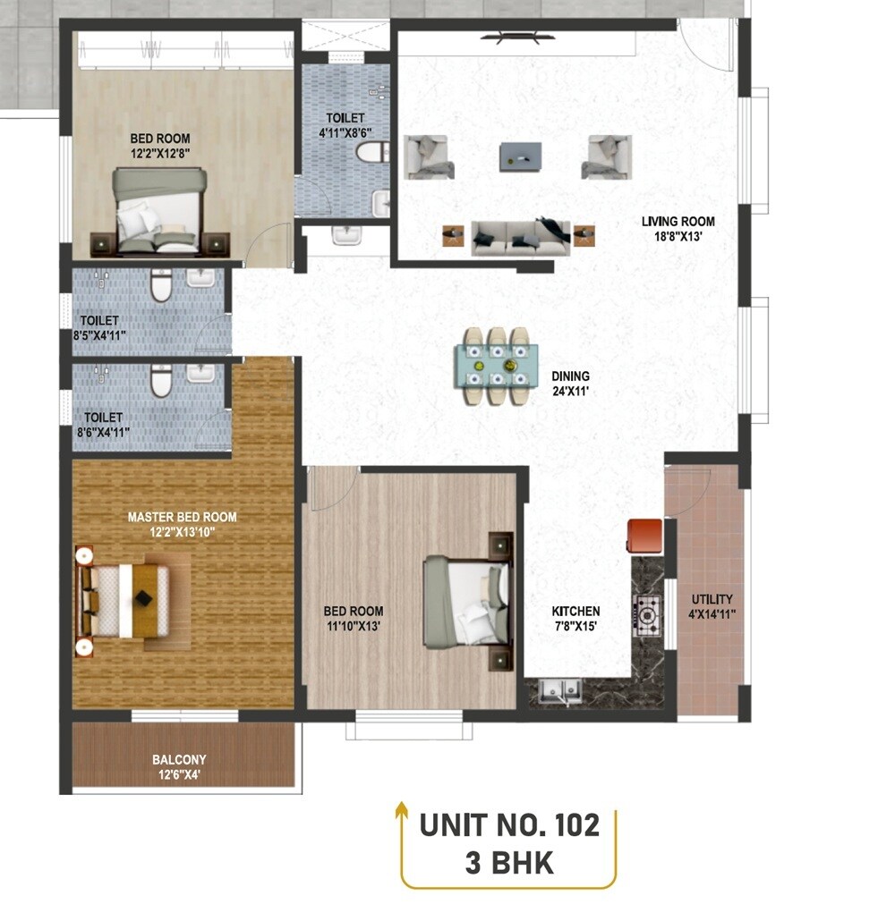 Floor plan of 3 BHK 1881 Sq. Ft. Apartment in Samhita Finesse, Bangalore