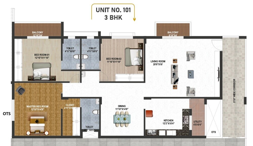 Floor plan of 3 BHK 2275 Sq. Ft. Apartment in Samhita Finesse, Bangalore