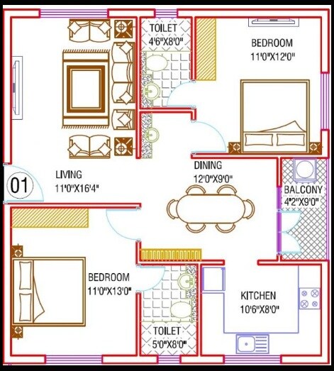 Floor plan of 2 BHK 1105 Sq. Ft. Apartment in Samhita Maruthi Homes, Bangalore