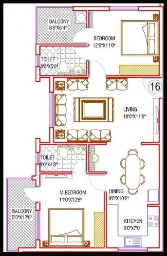 Floor plan of 2 BHK 1120 Sq. Ft. Apartment in Samhita Maruthi Homes, Bangalore