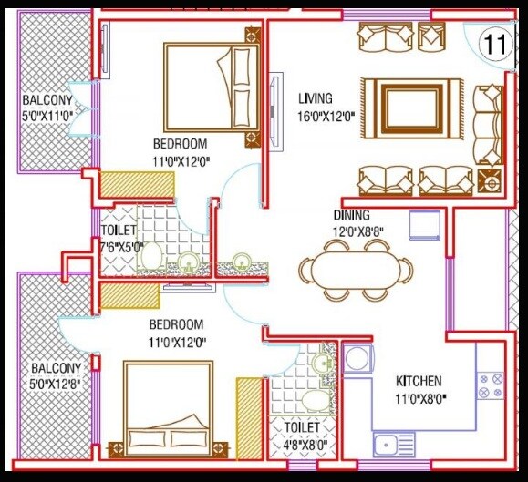Floor plan of 2 BHK 1215 Sq. Ft. Apartment in Samhita Maruthi Homes, Bangalore