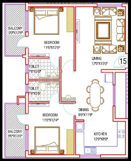 Floor plan of 2 BHK 1245 Sq. Ft. Apartment in Samhita Maruthi Homes, Bangalore
