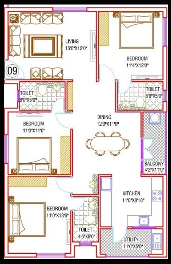 Floor plan of 3 BHK 1540 Sq. Ft. Apartment in Samhita Maruthi Homes, Bangalore