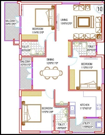 Floor plan of 3 BHK 1630 Sq. Ft. Apartment in Samhita Maruthi Homes, Bangalore