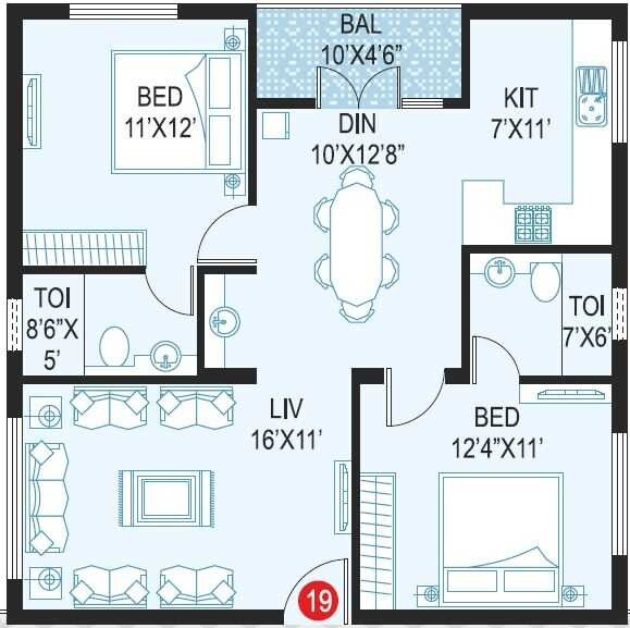 Floor plan of 2 BHK 1170 Sq. Ft. Apartment in Samhita Royal Splendor, Bangalore