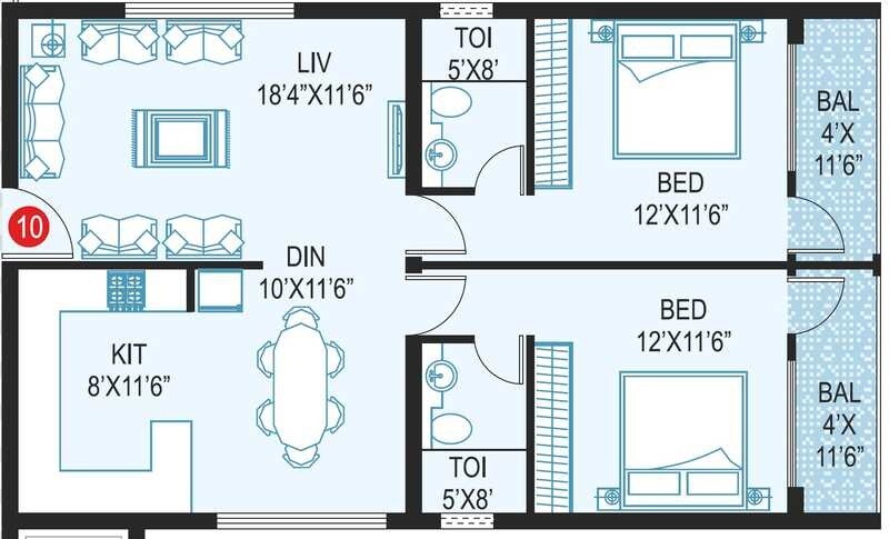 Floor plan of 2 BHK 1245 Sq. Ft. Apartment in Samhita Royal Splendor, Bangalore