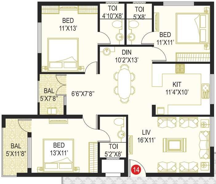 Floor plan of 3 BHK 1620 Sq. Ft. Apartment in Samhita Royal Splendor, Bangalore